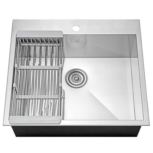 AKDY Handmade Drop-in Stainless Steel 25 in. x 22 in. Single Bowl Kitchen Sink with Drying Rack