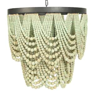 3-Light Black Metal Finish 2-Tier Draped Wood Bead Chandelier in Aqua