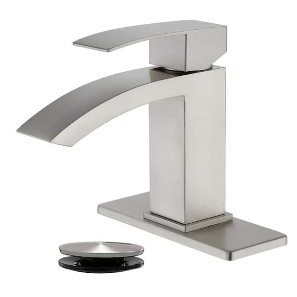 Unbranded Single Handle Single Hole Bathroom Faucet with Deck Plate, Lever Handle Waterfall Faucet with Drain in Brushed Nickel