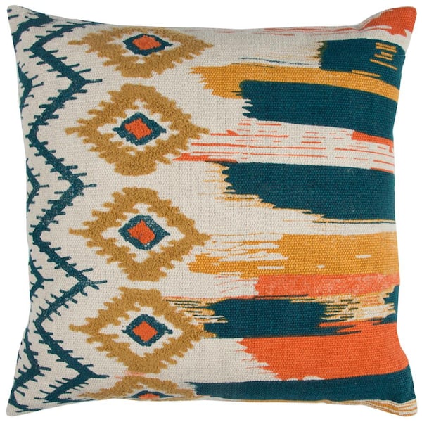 Unbranded Multi-Color Striped Brush Stroke Ending In Ikat Diamond Cotton Poly Filled 20 in. x 20 in. Decorative Throw Pillow