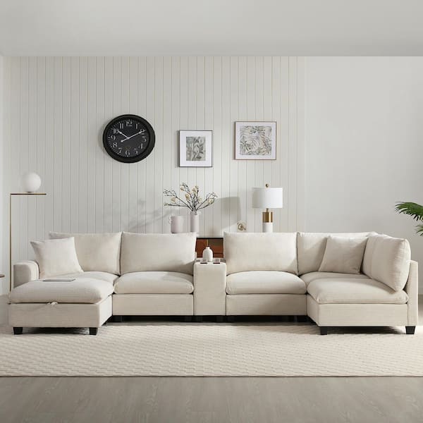 140 in. U Shaped Chenille 6 Seat Sectional Sofa in Beige with Movable Storage Ottoman, Cup Holder, USB Charger