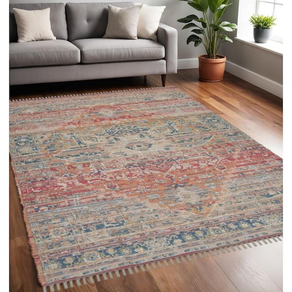 5 ft. x 7 ft. Blue Orange And Pink Oriental Hand Woven Area Rug With Fringe