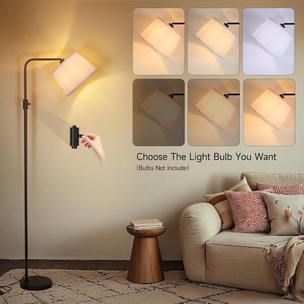 TOZING 69 in. Black Modern 1-Light Arc Lantern Floor Lamp for Living Room Bedroom with Adjustable White Fabric Drum Shade