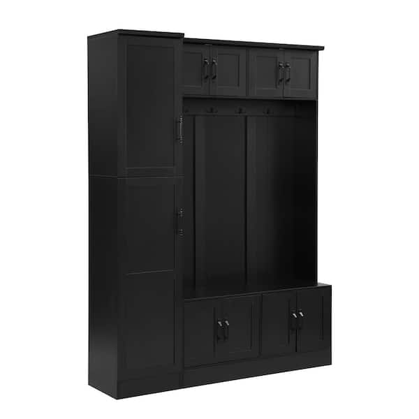 Wayne 4 in 1 Multi-Functional Black Entryway Hall Tree with Bench, Shoe Storage, 6 Cabinets, Hooks, Adjustable Shelf
