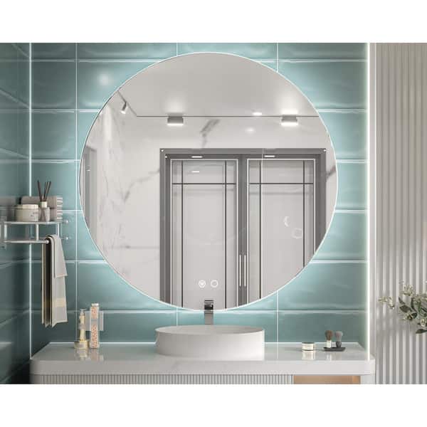 KeonJinn 40 in. W x 40 in. H Round Frameless 3 Colors Dimmable LED Backlit Anti-Fog Wall Mount Modern Bathroom Vanity Mirror
