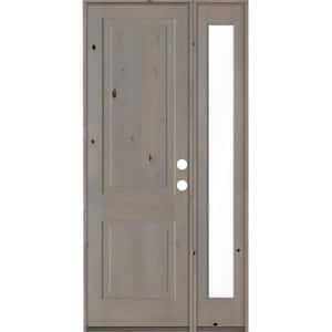 44 in. x 96 in. Rustic knotty alder Left-Hand/Inswing Clear Glass Grey Stain Square Top Wood Prehung Front Door w/RFSL