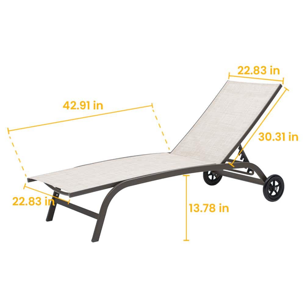 Beige Adjustable Metal Frame Chaise Lounge with Wheels
