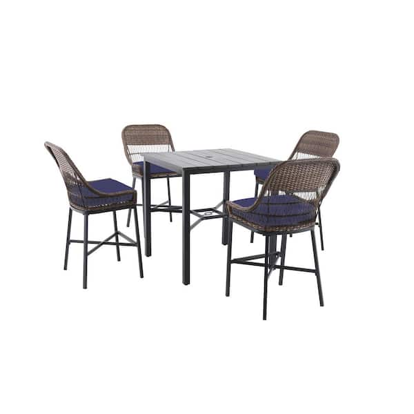 Hampton Bay Beacon Park 5-Piece Brown Wicker Outdoor Patio High Dining Set with CushionGuard Sky Blue Cushions