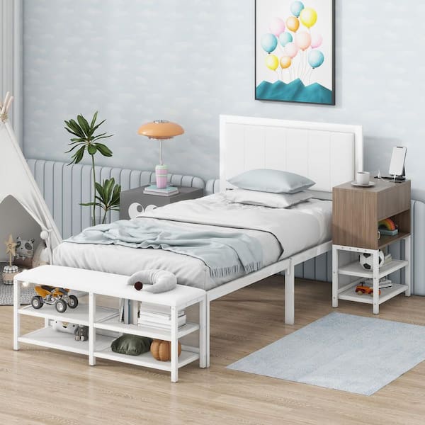 White Metal Frame Twin Size Platform Bed with 2-Shelves and Wooden Cabinet for Kids, No Spring Box Needed