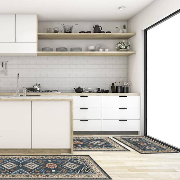 Blue 60 in. x 20 in. Indoor Kitchen Floor Mat Carpet, Washable Non Slip Kitchen Runner Rug, Kitchen Rugs Sets of 3