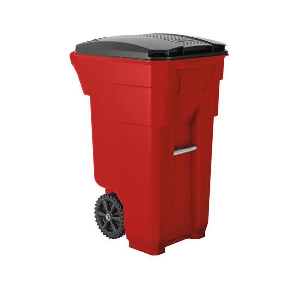 Suncast Commercial 32 Gal. Red Plastic Curbside Commercial Trash Can with Wheels And Attached Lid