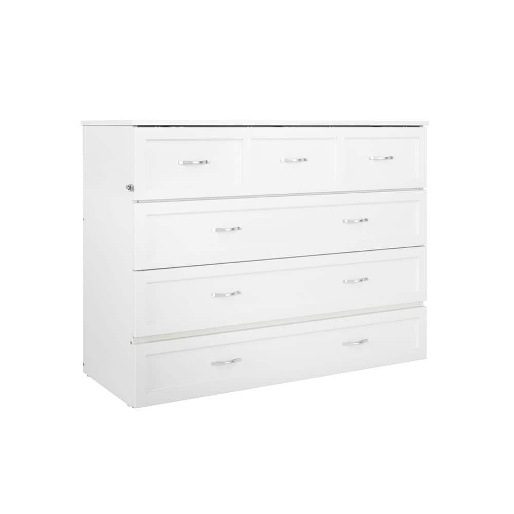 White Wood Frame Full Murphy Bed Chest with Storage Drawer