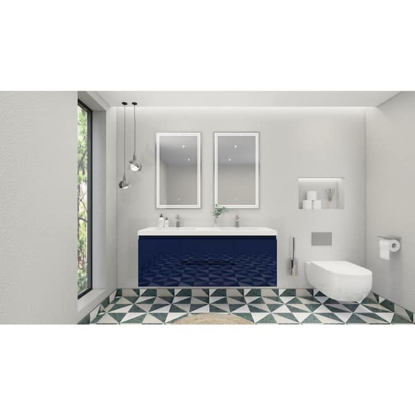 Moreno Bath Bohemia 59 in. W Bath Vanity in High Gloss Night Blue with Reinforced Acrylic Vanity Top in White with White Basins