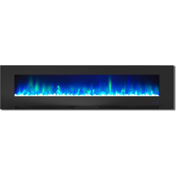 Hanover 78 in. Wall-Mount Electric Fireplace in Black with Multi-Color Flames and Crystal Rock Display