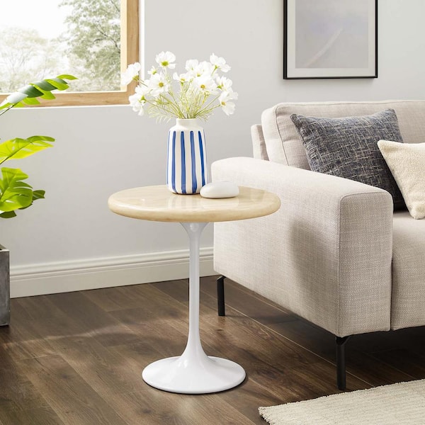 MODWAY Lippa 20 in. Round Artificial Travertine Side Table in White Travertine