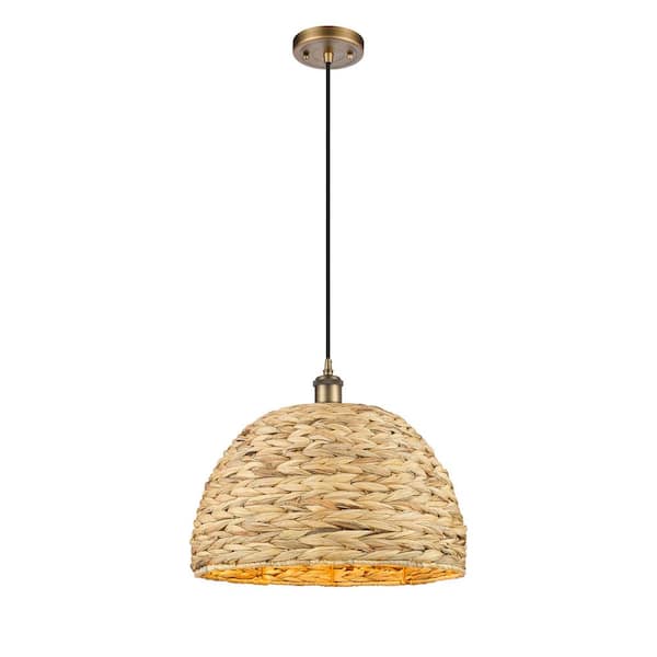Innovations Woven Rattan 100-Watt 1-Light Brushed Brass Shaded Mini Pendant Light with Rattan Shade