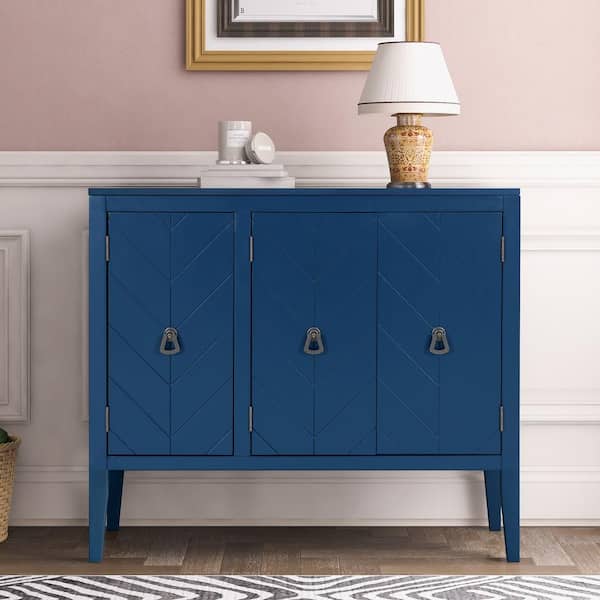 Modern Navy Blue U-style Wood Accent Storage Cabinet with Adjustable Shelf 3-Metal Handles Door Sideboard Buffet Cabinet