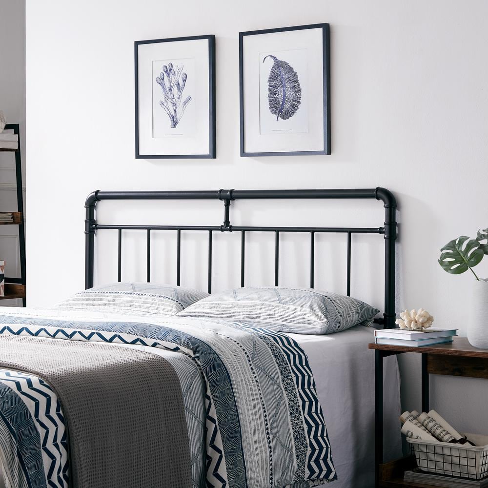 Industrial Black Iron Queen Headboard with Pipe Slat Design