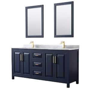 Daria 72 in. Double Vanity in Dark Blue with Marble Vanity Top in White Carrara with White Basins and 24 in. Mirrors