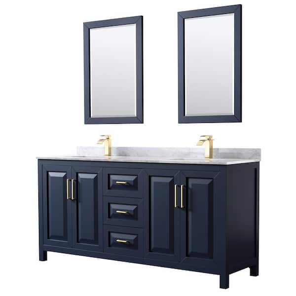 Wyndham Collection Daria 72 in. Double Vanity in Dark Blue with Marble Vanity Top in White Carrara with White Basins and 24 in. Mirrors