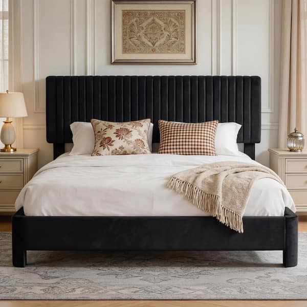 King Size Bed Frame with Headboard,Black Velvet Upholstered Platform Bed,Sturdy Wood Slats,No Box Spring Needed