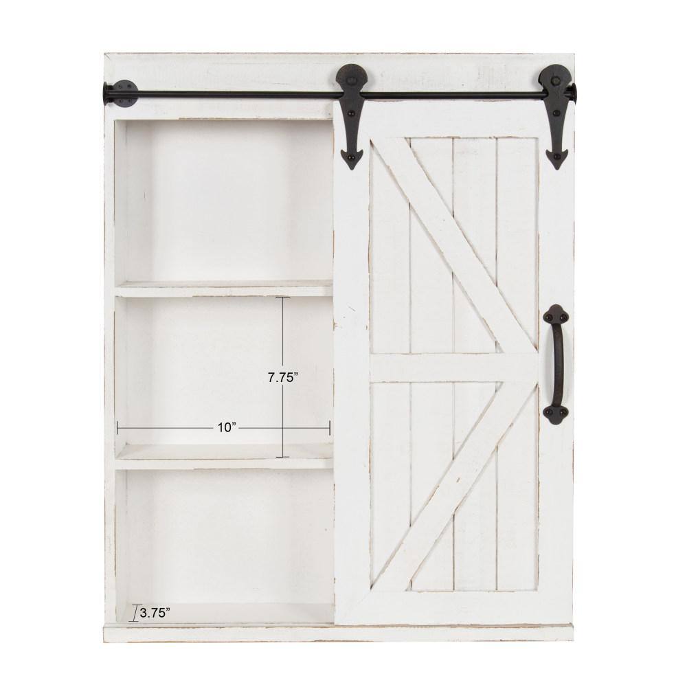 Rustic White Wood Wall Storage Cabinet with Sliding Barn Door and Mirror