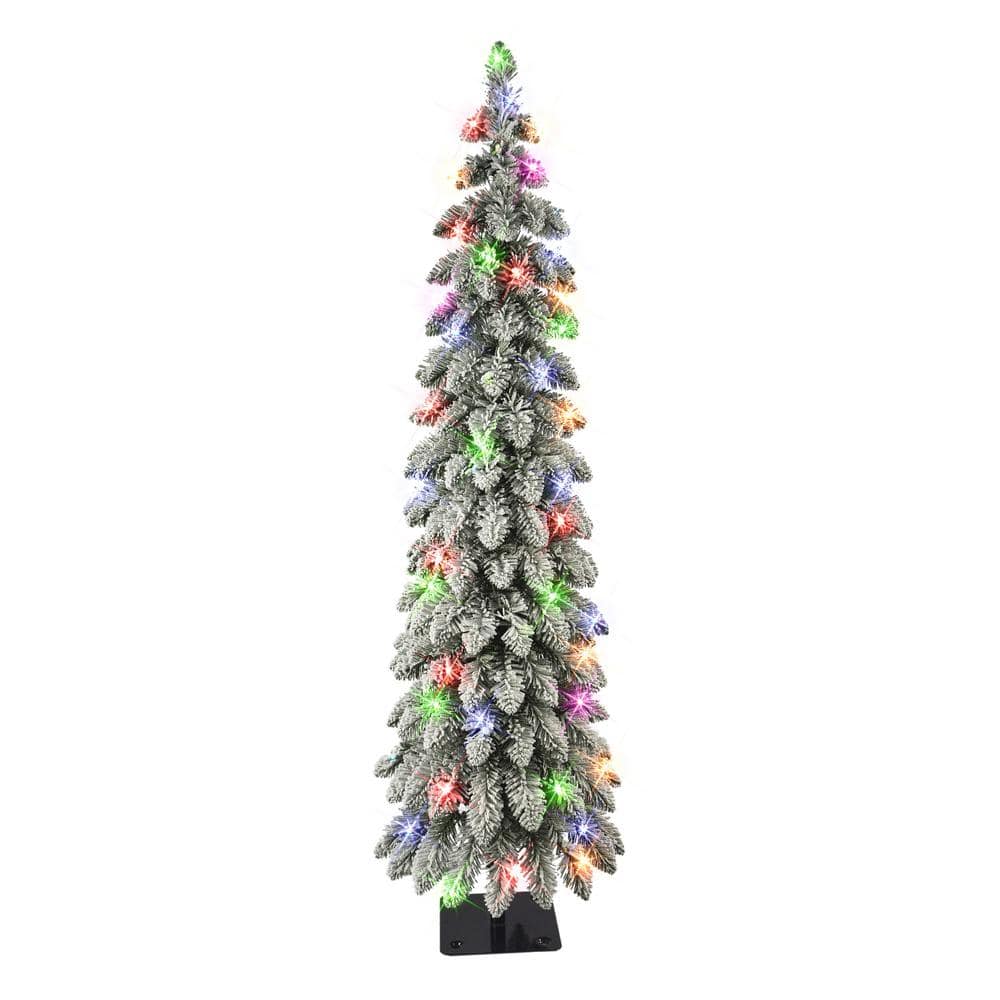 4 ft Flocked Alpine Pencil Christmas Tree with Multicolor Lights