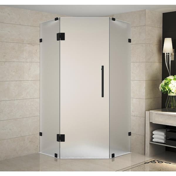 Aston Neoscape 38 in. x 38 in. 72 in. Frameless Neo-Angle Hinged Shower Door with Frosted Glass in Matte Black