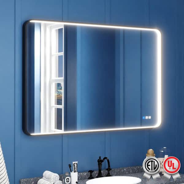 waterpar Frame Light 48 in. W x 32 in. H Rectangular Aluminum Framed Anti-Fog LED Wall Bathroom Vanity Mirror in Black