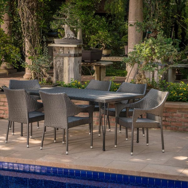 Noble House Colt Grey 7-Piece Faux Rattan Outdoor Dining Set
