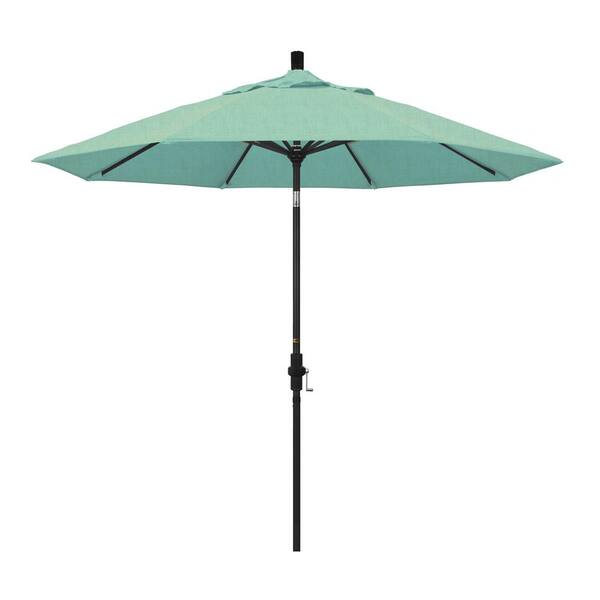 California Umbrella 9 ft. Stone Black Aluminum Market Patio Umbrella with Collar Tilt Crank Lift in Spectrum Mist Sunbrella