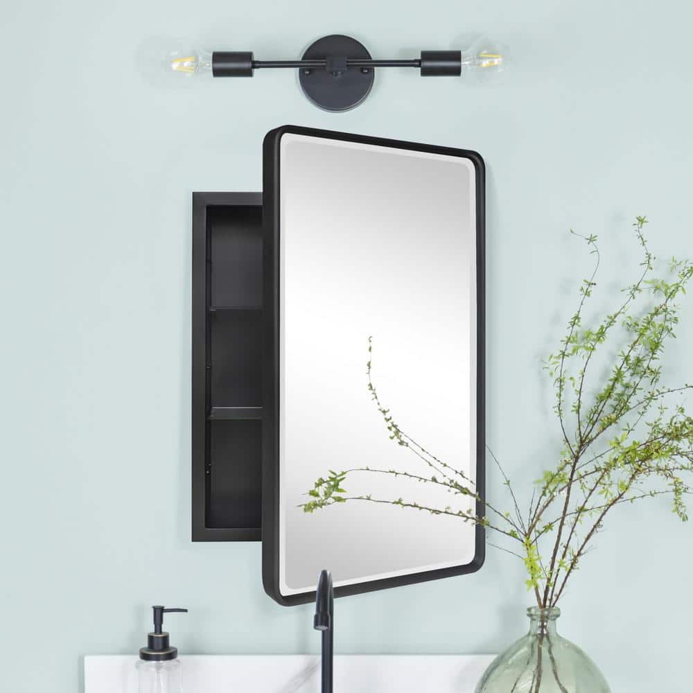 Black Metal Framed Recessed Medicine Cabinet with Beveled Mirror