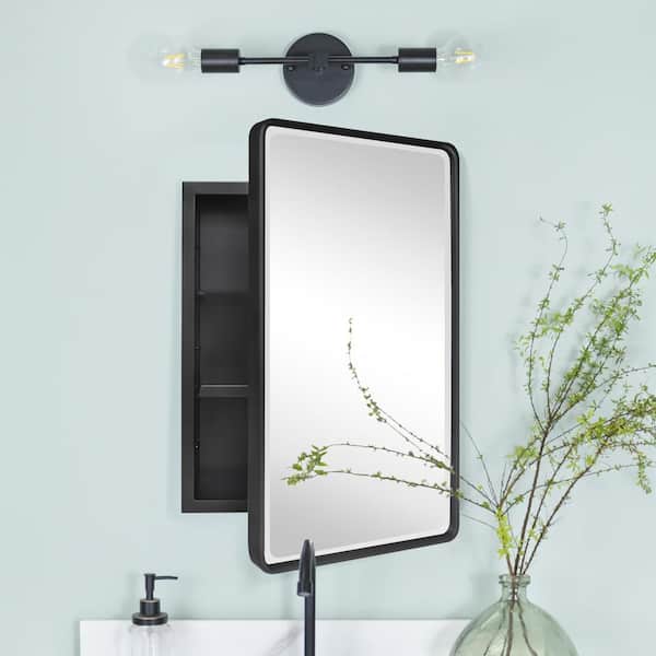 TEHOME 16-in x 24-in Recessed Mount Matte Black Mirrored Medicine Cabinet