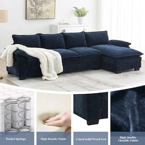 118 in. Square Arm Chenille L-shaped Sofa with Double Seat Cushions in. Dark Navy