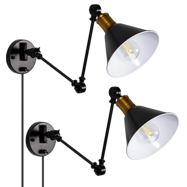 Briignite 11 in. Set of 2-Black SwingArm Wall Sconces with Adjustable Shade (Bulbs Not Included)