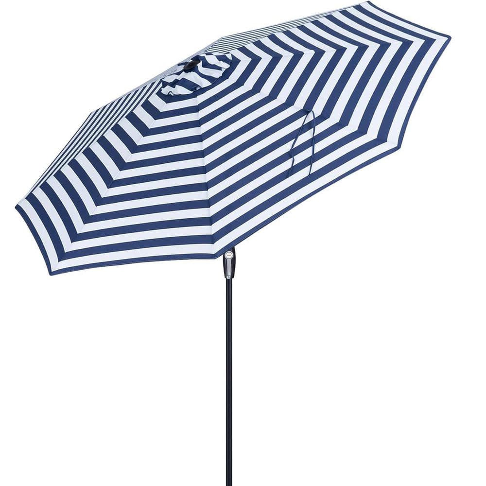 9 ft. Metal Market Tilt Patio Umbrella in Blue White Stripe with Auto Tilt