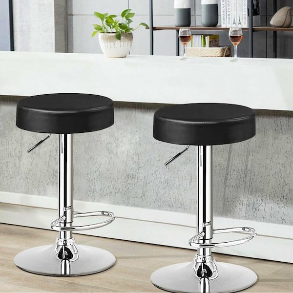 2-Piece 34 in. Black PU Leather Adjustable Round Bar Stool Swivel Pub Chairs