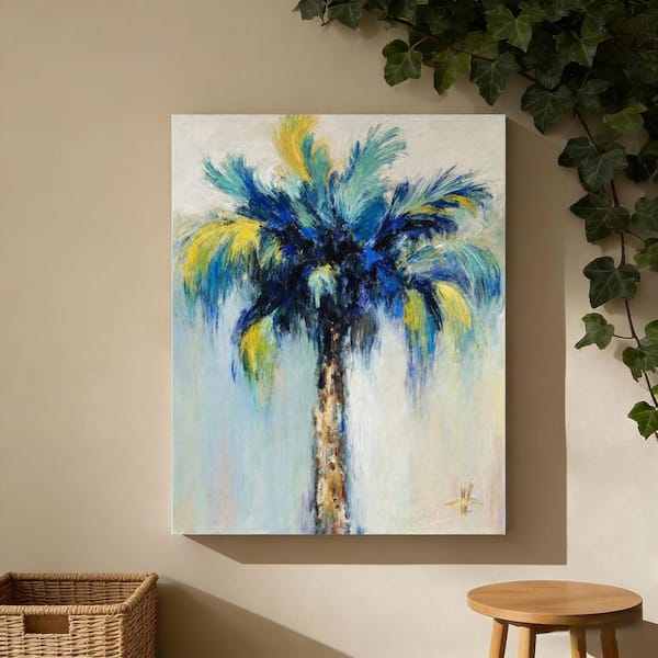 Vibrant Blue Yellow Palm Tree Unframed Canvas Art Print 32 in. x