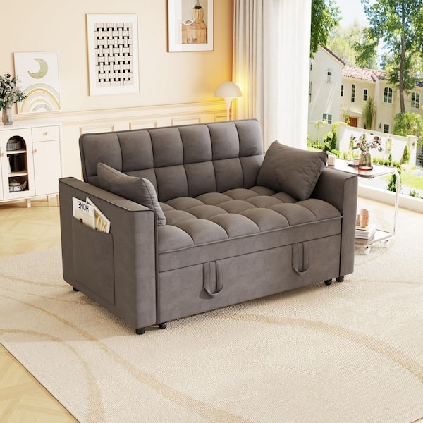 Tatum Modern 53.14 in. Dark Gray Velvet Upholstery Twin Size Pull Out Sofa Bed with Pillows, Side Pockets