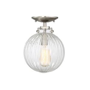 8 in. W x 11 in. H 1-Light Brushed Nickel Semi-Flush Mount with Clear Ribbed Glass Shade