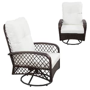 Patio Wicker Swivel Chairs, 360° Swivel Brown Wicker Outdoor Rocking Chair with White Cushion - 1-Piece