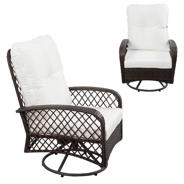 PATIOPTION Patio Wicker Swivel Chairs, 360° Swivel Brown Wicker Outdoor Rocking Chair with White Cushion - 1-Piece