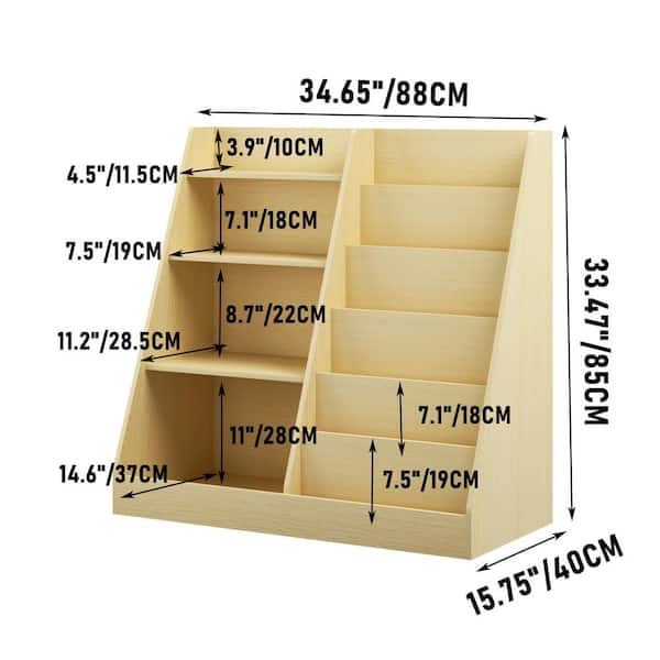 Ffan 33.47 in. Tall Natural Wood Multifunctional 4-Tier Storage Bookcase with Display Stand