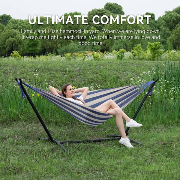 9 ft. 2 Person Heavy Duty Double Hammock with Space Saving Steel Stand 450 lbs. Capacity and Carrying Bag in Sky H2PH005OT287 The Home Depot