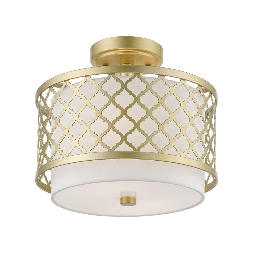 Arabesque Soft Gold Drum Semi-Flush Mount with Off-White Shade