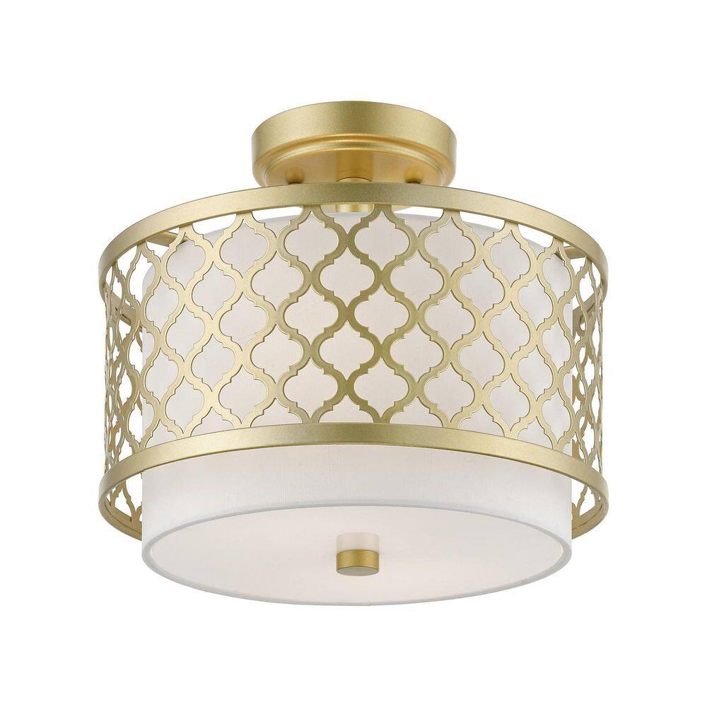 Arabesque Soft Gold Drum Semi-Flush Mount with Off-White Shade