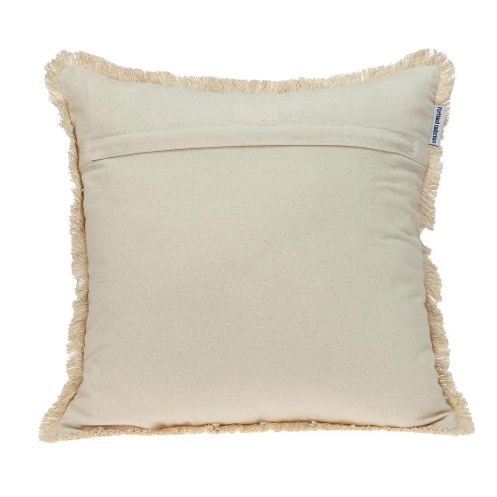 Beige Embroidered Square Cotton Throw Pillow 18" x 18"