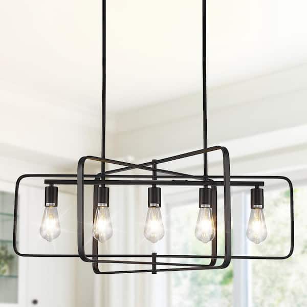 Magic Home Retro 6-light Black Rod Stem Hung Linear Chandelier for Kitchen Island Dinning Room Foyer