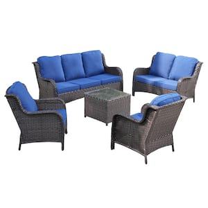 Mona Lisa Brown 5-Piece Wicker Outdoor Patio Conversation Seating Set with Navy Blue Cushions