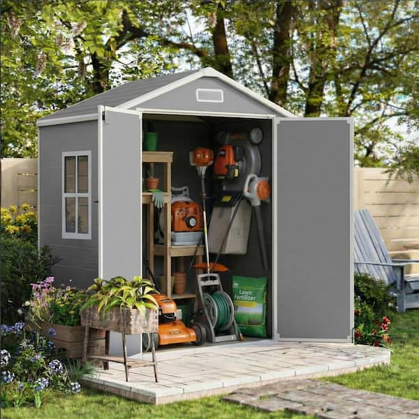 6 ft. x 4.4 ft. Gray Plastic Resin Garden Outdoor Storage Shed with Lockable Doors, Window, Built-In Floor (27 sq. ft. )